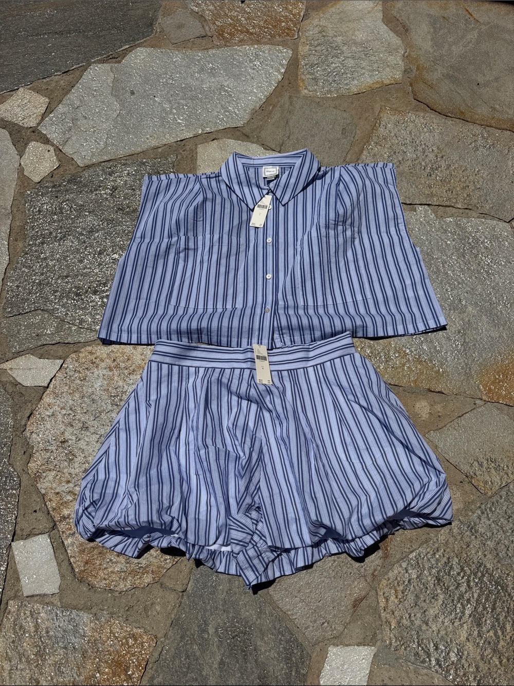 Maeve Anthropologie Blue Striped Two Piece Shirt & Shorts Set Size S NWT